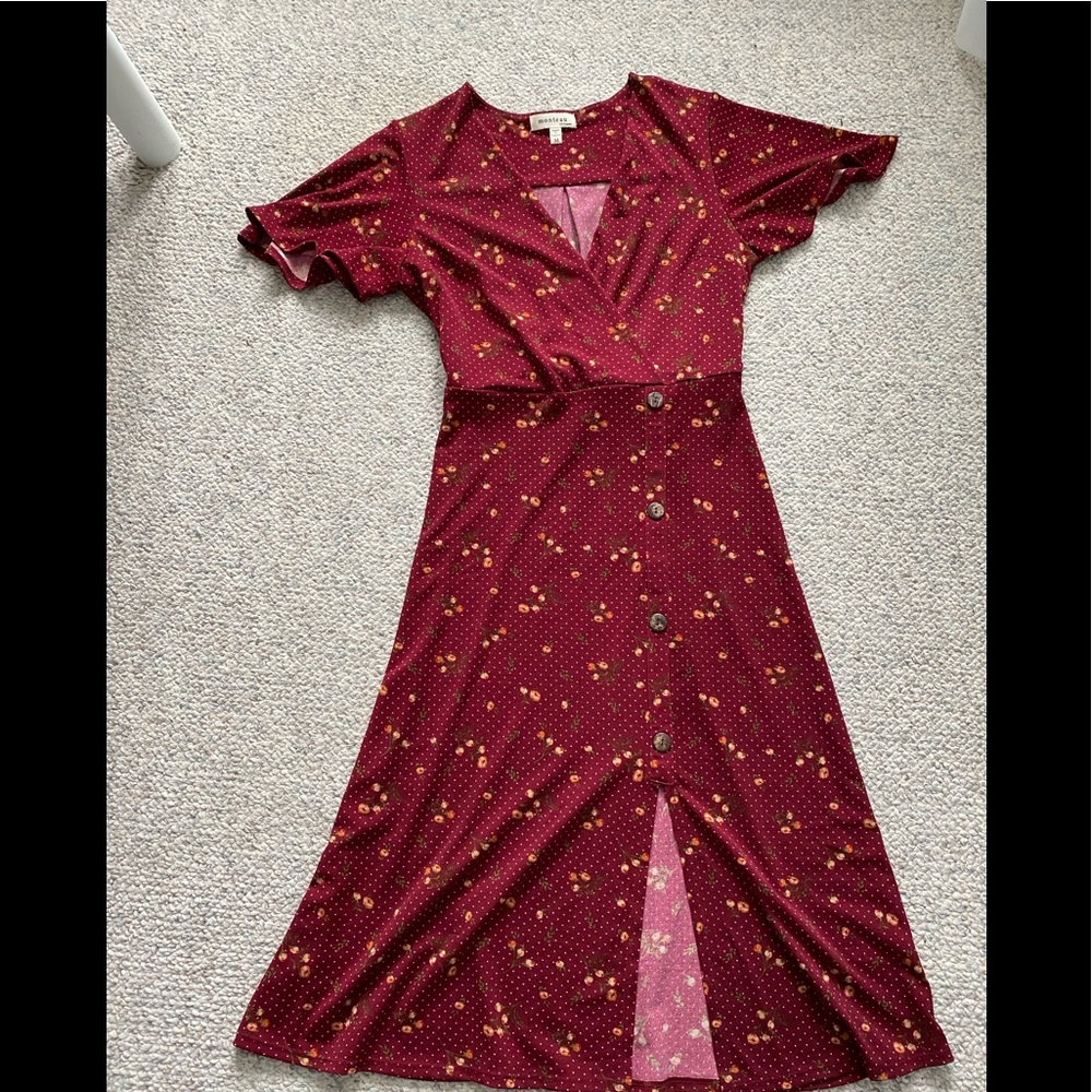 Deep Red and floral Midi Dress